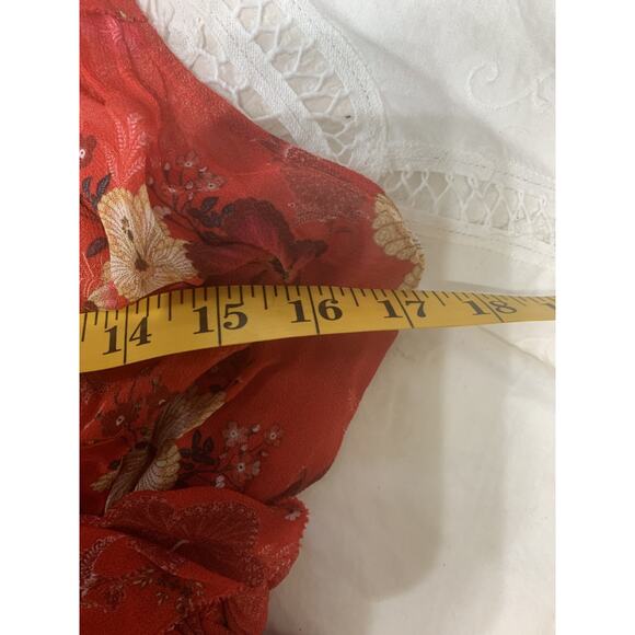Farm Rio Sheer Red Floral Halter Dress Medium Ruffle Hem Beachy Resort Travel - Picture 4 of 10